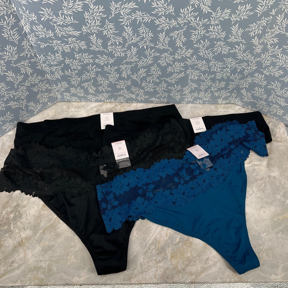 NEW Auden 4pr thong seamless black lace panties stretch underwear 3X